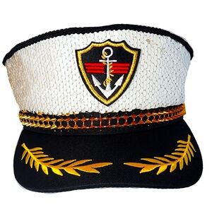 CAPTAIN HAT SEQUIN FABRIC Adjustable strap White & Gold Color